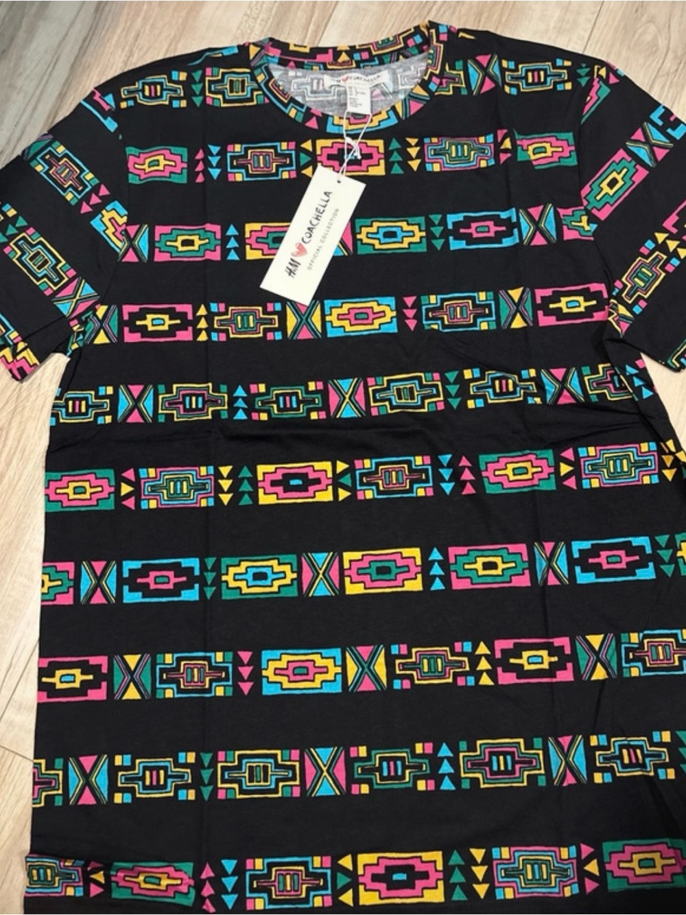 H&M Black Short Sleeve Tee with Bright Geometric Aztec Print